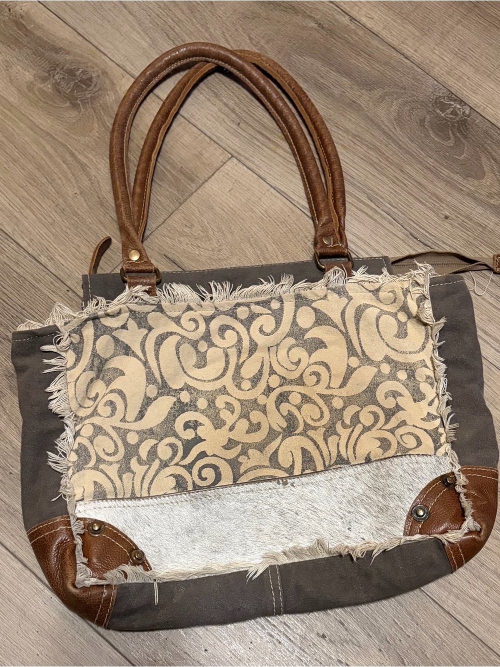 Myra Bag Canvas and Leather Tote Bag in Brown and Cream - cow hide accent
